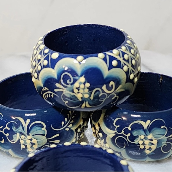 Set of 6 Hand-Painted Wooden Napkin Rings | Russian Folk Art | Gzhel Style Decor - Picture 2 of 5
